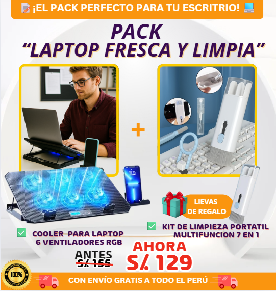 DUO COOLER PARA LAPTOP 6 VENTILADORES RGB+KIT DE LIMPIEZA 7 EN 1