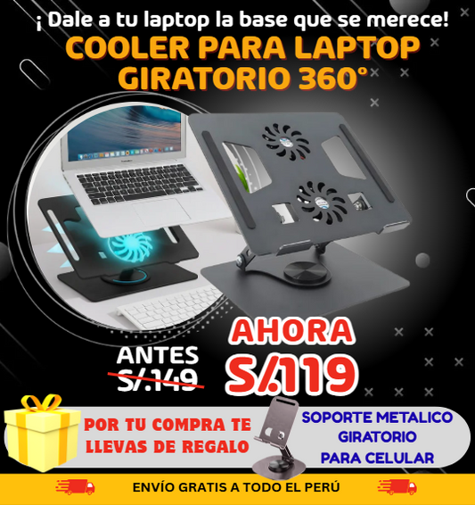 COOLER PARA LAPTOP GIRATORIO 360°, 2 VENTILADORES