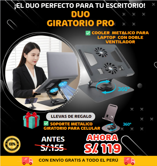 DUO COOLER PARA LAPTOP GIRATORIO 2 VENTILADORES +  SOPORTE PARA CELULAR