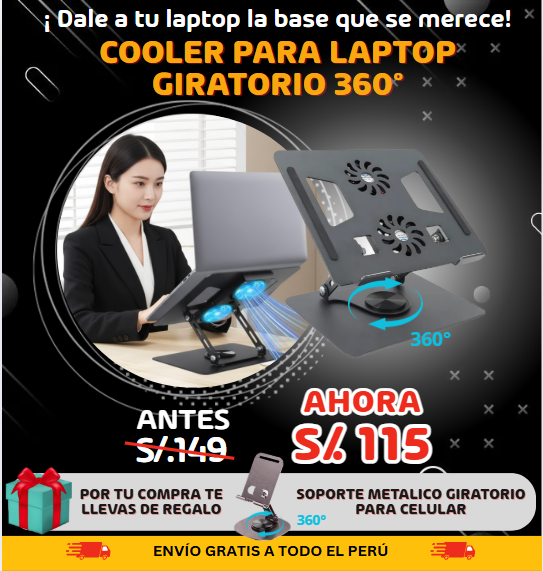DUO COOLER PARA LAPTOP GIRATORIO 2 VENTILADORES +  SOPORTE PARA CELULAR